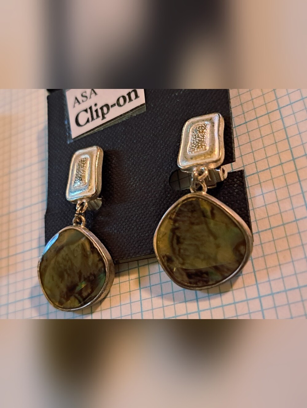 Clip-On Silver Tone Abalone Inlay Drop CLIP Earrings - Picture 3 of 5
